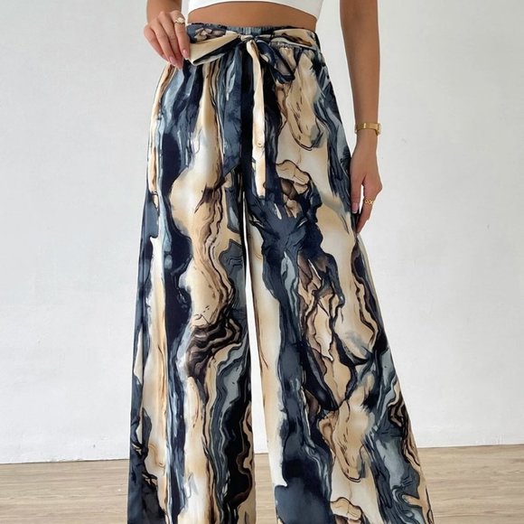 . Pants - Blue Preppy Womens Allover Print Belted Wide Leg Pants